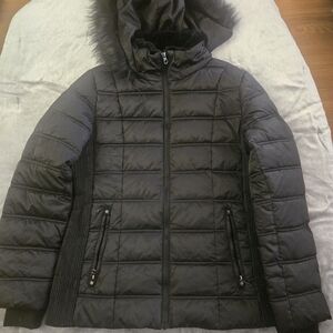 Nautica Men's Charcoal Puffer Jacket with Faux Fur Hood